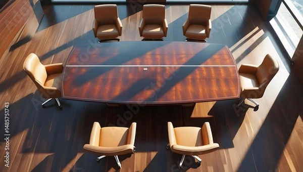 Fototapeta Top view of a conference room. A white round table and six chairs around. 3D rendering