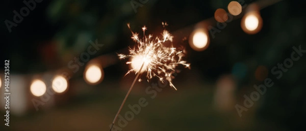 Obraz Sparkler glows brightly against backdrop of string lights