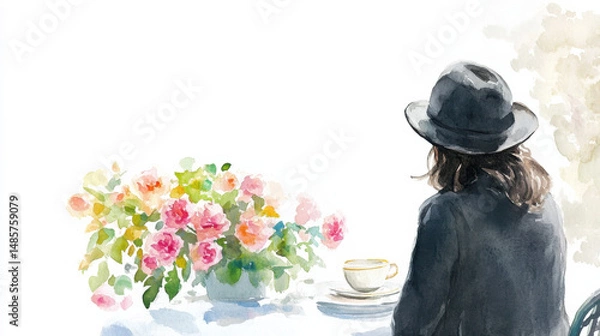 Fototapeta A serene watercolor scene of a figure in a hat, enjoying tea beside a vibrant bouquet of roses.
