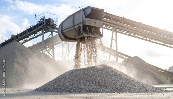 Obraz Gravel Production at Quarry Conveyor Belt and Aggregate Pile
