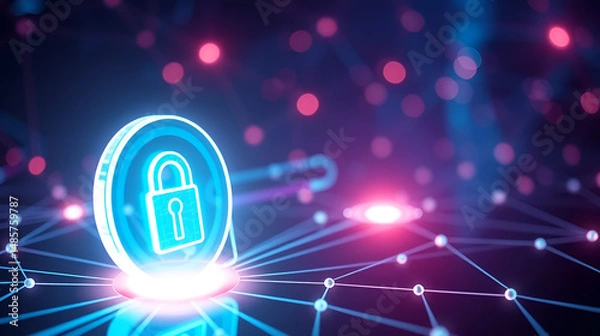Fototapeta Glowing key symbol within a quantum network representing the concept of quantum secure communication and the advancement of digital data security technologies