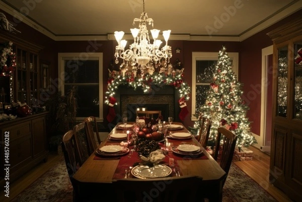 Obraz Christmas Dining Room with Festive Decor