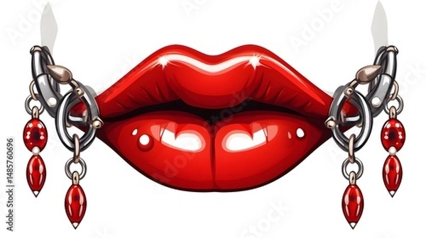 Obraz Vibrant Red Lips with Piercings Cartoon Vector Illustration for Fashion and Beauty Design Projects