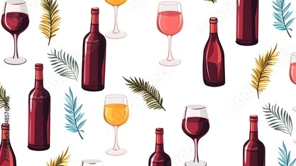 Obraz Elegant Seamless Pattern of Wine Bottles and Glasses for Backgrounds and Designs