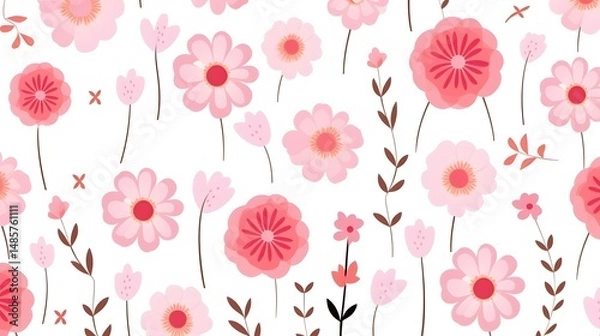 Obraz Pink Flowers Seamless Pattern on White Background for Fashion Fabrics and Textile Designs