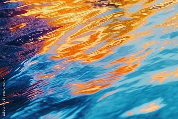 Fototapeta colorful water surface reflecting orange and blue light with gentle ripples creating an abstract and vibrant pattern