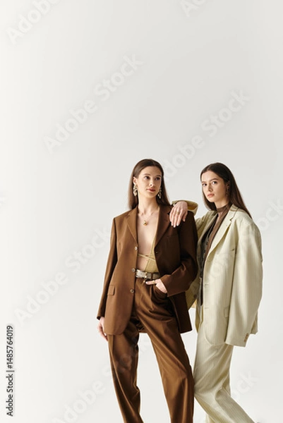Fototapeta Stylish twin sisters showcase modern fashion with elegance and confidence in a minimalist setting