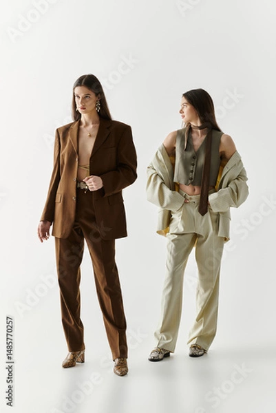 Fototapeta Stylish twin sisters showcasing unique fashion styles in a minimalist studio setting