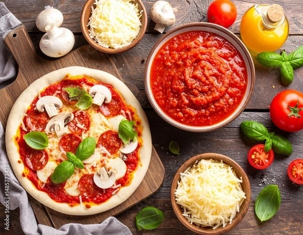 Obraz Homemade Pizza Preparation with Fresh Ingredients on Rustic Table.