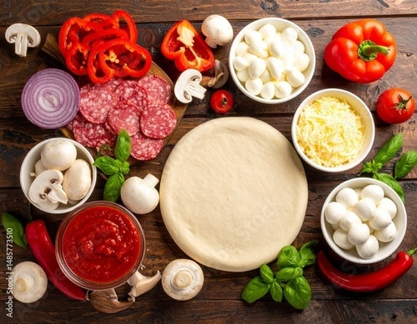 Obraz Homemade Pizza Preparation with Fresh Ingredients on Rustic Table.