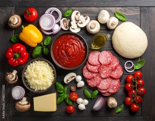 Obraz Homemade Pizza Preparation with Fresh Ingredients on Rustic Table.
