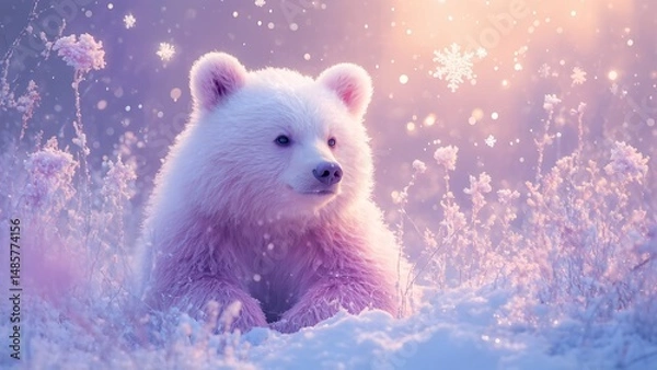 Fototapeta  A sweet image of a fluffy white polar bear cub sitting in a gentle, snowy environment with soft pink and white hues.