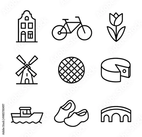 Fototapeta Amsterdam icon set with tulips, canals, windmills, bicycles, and stroopwafels, illustrated in simple linear style on transparent background