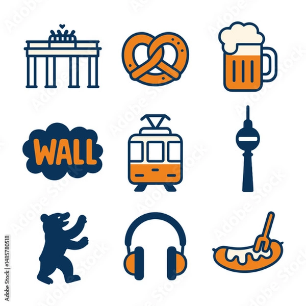 Fototapeta Berlin icon set featuring Brandenburg Gate, pretzel, beer mug, wall art, tram, and currywurst, in modern flat vector style, 3-color palette, transparent background.