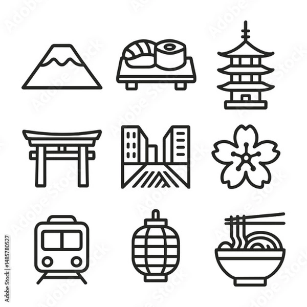 Fototapeta Tokyo icon set showing Mount Fuji, sushi, ramen, cherry blossom, and pagoda, designed in simple linear style on transparent background
