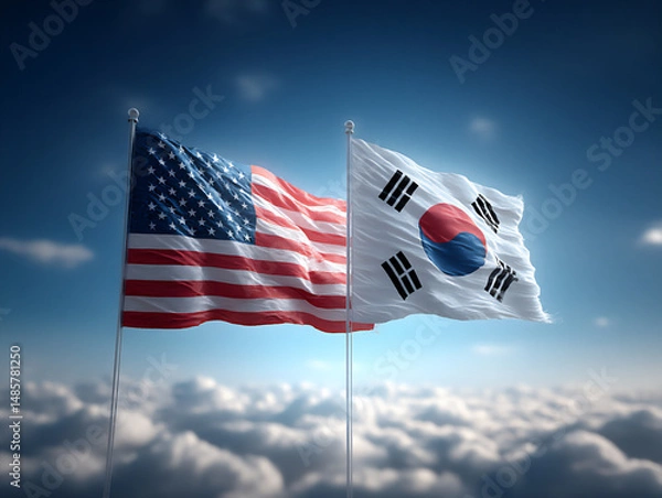 Fototapeta 3d rendered image of the american flag and the south korean taegeukgi flying side by side against a
