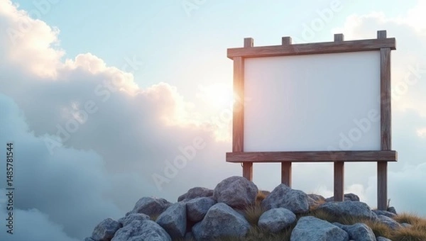 Fototapeta Outdoor billboard mockup on a rocky mountain top with a bright sunrise or sunset sky and clouds in the background.