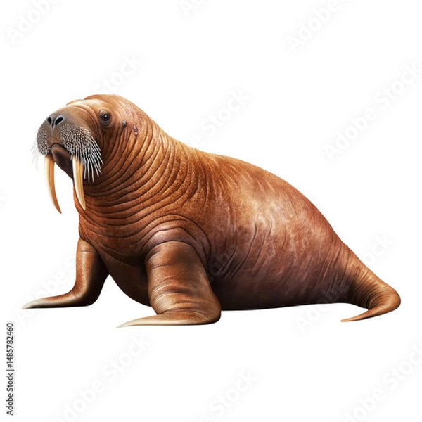 Obraz Realistic walrus with tusks resting on a sandy beach background