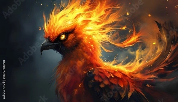 Fototapeta  A powerful depiction of a phoenix with vibrant orange and yellow flames erupting from its body as it appears to be rising.