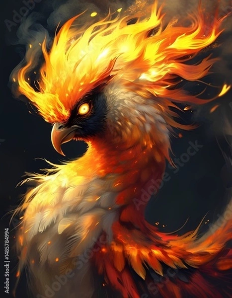 Fototapeta  A powerful depiction of a phoenix with vibrant orange and yellow flames erupting from its body as it appears to be rising.
