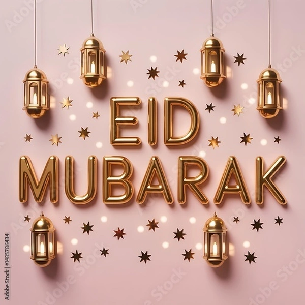 Obraz Minimalist Eid Mubarak typography with golden 3D letters and festive decor on pastel background