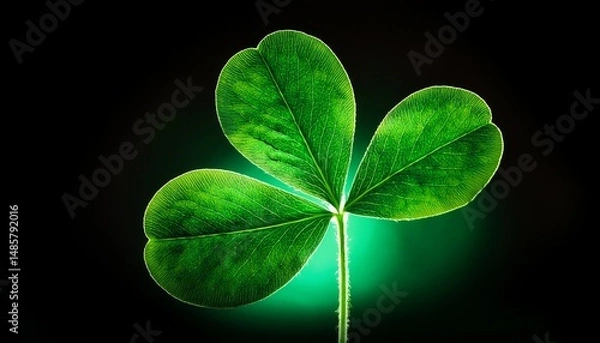 Fototapeta 三つ葉のシルエット、黒い背景、スタイリッシュ、緑のイルミネーション Generated by AI