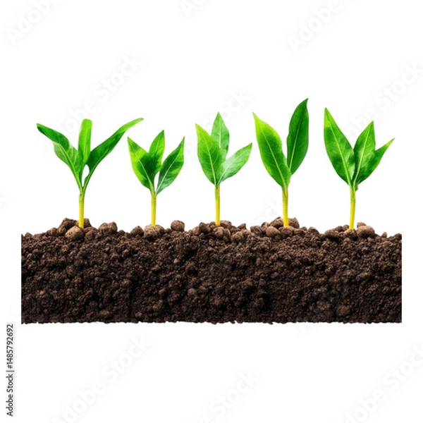 Obraz Fresh Green Seedlings Growing in Rich Brown Soil Against White Background