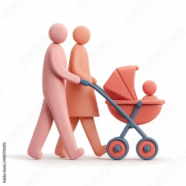 Fototapeta 3d icon man and woman walking with baby stroller minimalistic icon on a white background