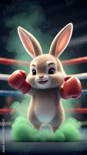 Fototapeta An adorable cartoon illustration of a rabbit wearing red boxing gloves, appearing ready to box with a determined expression.