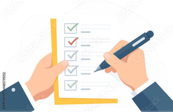 Obraz hand holds form checklist another hand fills pen video drawn flat