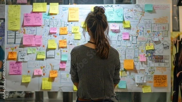 Obraz UX expert mapping user journey on sticky notes, clean wall