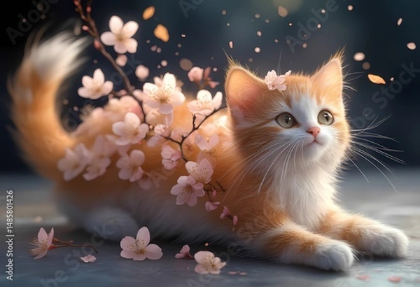 Fototapeta A sweet image of a fluffy orange kitten lying down with delicate pink and white cherry blossoms falling around it, set against a softly blurred background.