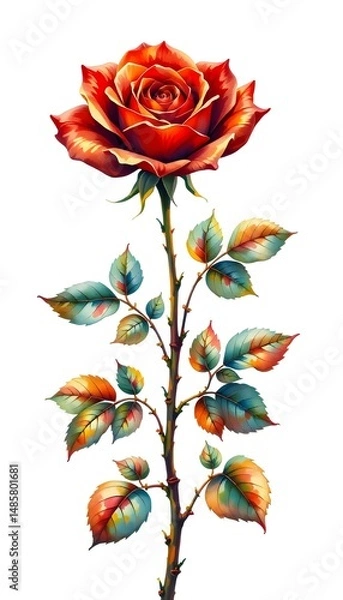 Fototapeta A vividly  colored red rose with multi  hued leaves on a slender stem against a white background. 