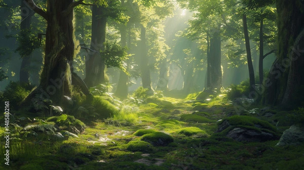 Obraz Lush green forest with mossy ground, sunbeams filtering through tall trees, immersive and quiet atmosphere, no human trace, hyper-realistic nature scene