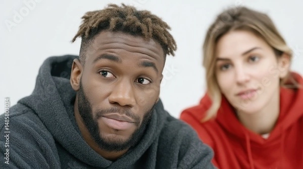 Obraz A diverse couple engaged in a meaningful conversation, showcasing emotions and connection in a modern, minimalistic environment