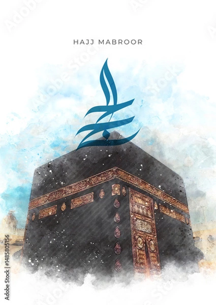 Obraz Hajj Mabroor: A Watercolor Hajj Mubarak Card Poster for Celebration of Islamic Pilgrimage