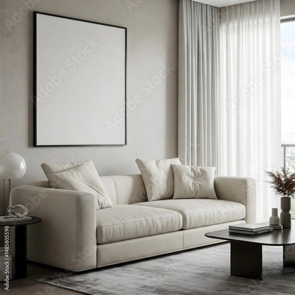 Fototapeta Frame mockup, ISO A paper size. Living room wall poster mockup. Interior mockup with house background. Modern interior design. 3D render 