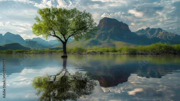 Obraz Lone lush tree in calm water reflects snowy mountains and cloudy sky. Wide-angle, vibrant landscape with cool blues and greens, soft light, and tranquil natural beauty