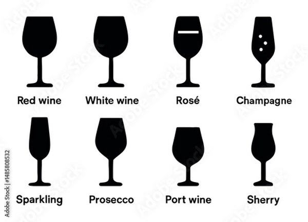 Fototapeta Silhouette icons of various wine glasses and their types displayed