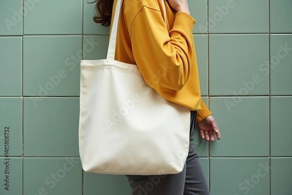 Fototapeta Blank white tote bag mockup carried by a person wearing a yellow top and grey pants against a green tiled background.