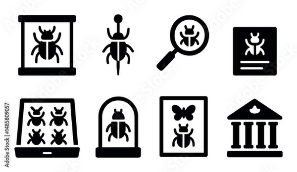 Fototapeta Black and white insect icon set with bugs, butterfly, magnifying glass