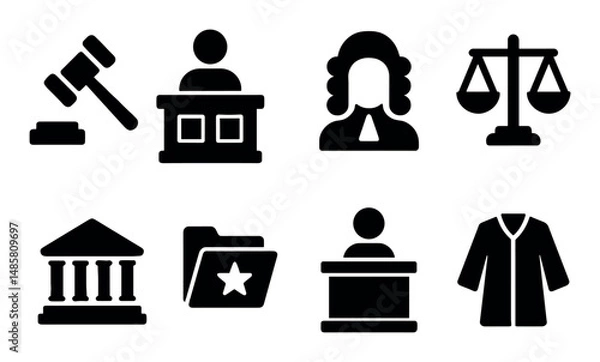Fototapeta Legal symbols: gavel, judge, scale, courthouse, folder icons