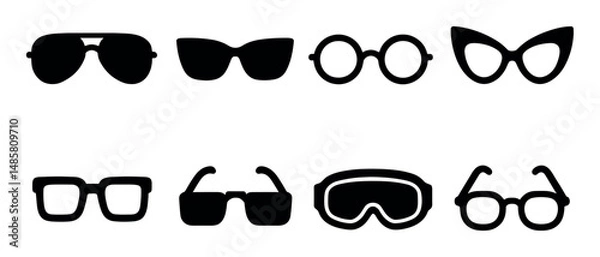 Fototapeta Various types of eyeglasses and sunglasses silhouette vector set