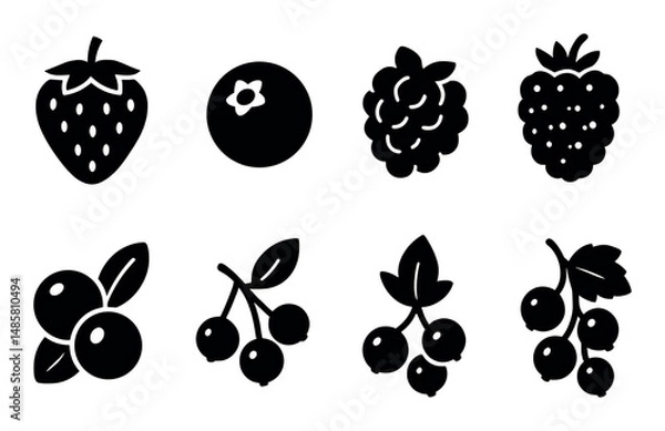 Fototapeta Silhouette icons of various berries in simple black style