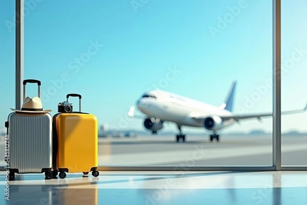 Fototapeta Travel luggage, including a silver and a yellow suitcase with a hat and camera, at an airport terminal with a plane visible.