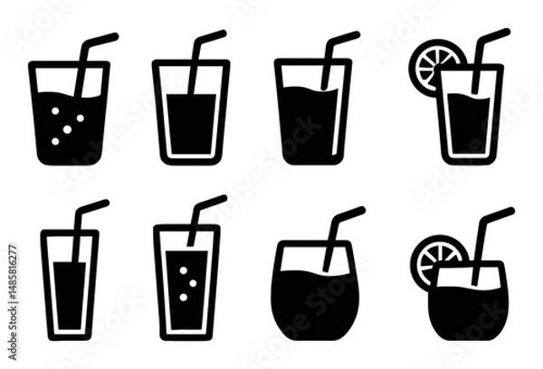 Fototapeta Eight glasses with straws and citrus slices icon set black