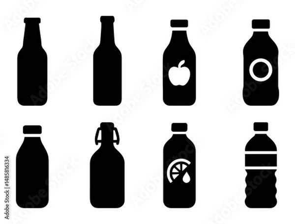 Fototapeta Set of eight beverage bottle silhouettes with various designs