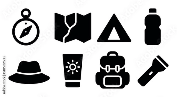 Fototapeta Set of essential hiking icons: compass, map, tent, backpack, flashlight