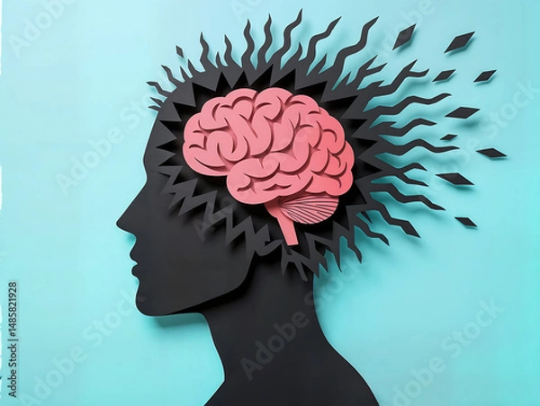 Fototapeta Silhouette humaine avec cerveau en surchauffe, broyer du noir, pensées négatives, confusion mentale