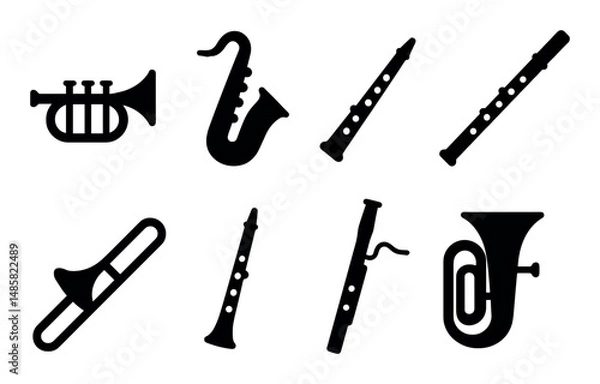Fototapeta Silhouette icons of trumpet, saxophone, clarinet, and tuba instruments